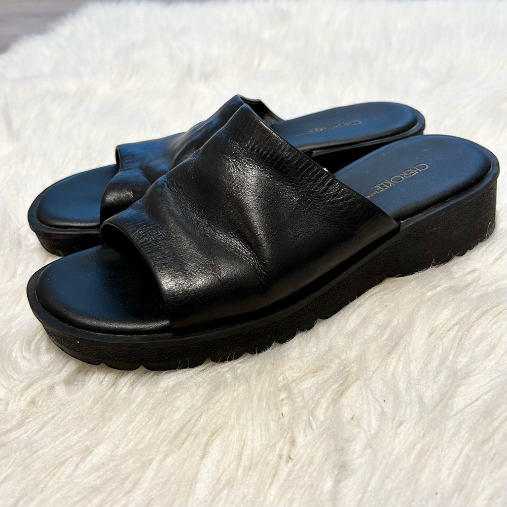 Vintage Cherokee Black Leather Chunky Platform Slip On Sandal Size 8 - Picture 1 of 12